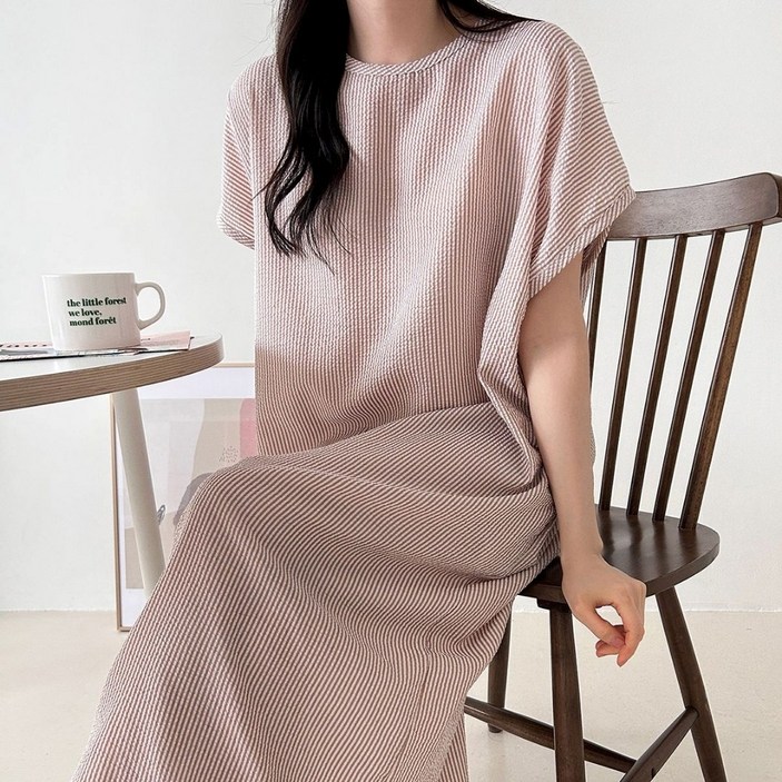 더한땀 빅사이즈 스트라이프 시어서커 롱 원피스