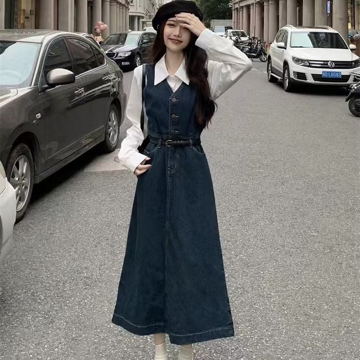 Chephie 긴팔 셔츠+ 빈티지 데님 뷔스티에 원피스 세트