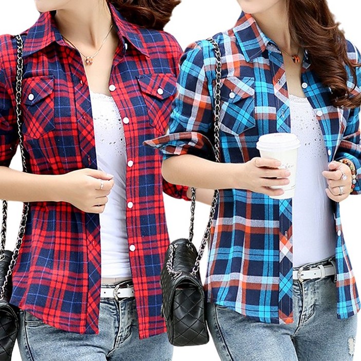 로로비 11 슬림핏 면 여성셔츠 면 여성체크남방 긴팔 셔츠 블라우스