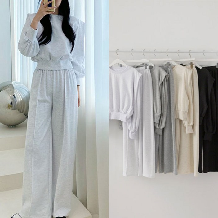 마더라이크 꾸안꾸 크롭맨투맨 와이드팬츠 세트 여성 코디세트 등원룩