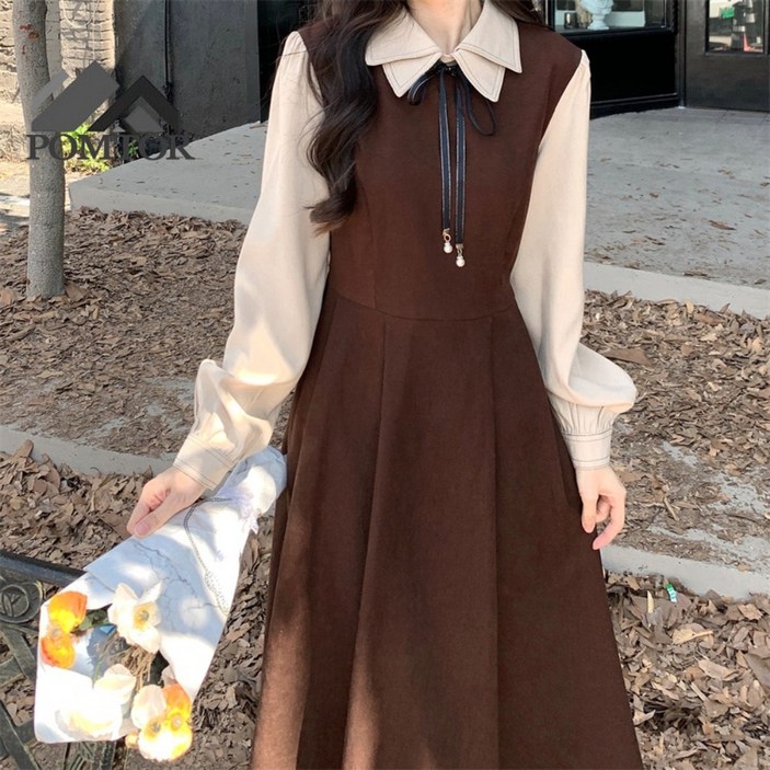 POMTOR 여성 셔츠 카라 원피스 데일리 통기성 정장 롱 우아한 원피스