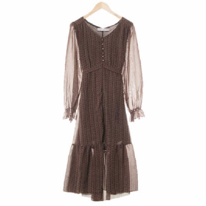 3048 에잇세컨즈 초콜릿브라운 지오메트릭패턴 쉬폰브이넥롱원피스 [Free]