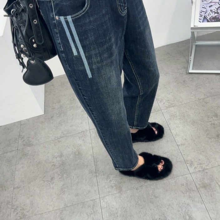에브리룩 블랙 사인 뒷밴딩 스판 데님 청바지(M-2XL)