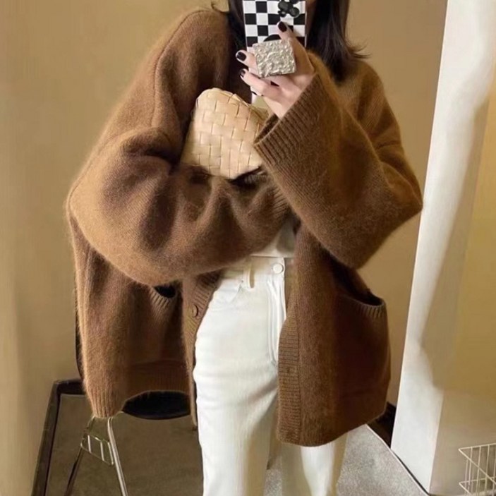 여성 루즈핏 오버핏 하프 롱 브이넥 오픈 포켓 단추 니트 가디건 서클포켓니트가디건