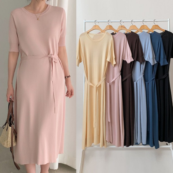 6컬러 니트코어 여성 여름 데일리 루즈핏 빅사이즈 라운드넥 벨트 반팔 니트 원피스 드레스 하객룩 하객원피스 미시룩 등하원룩