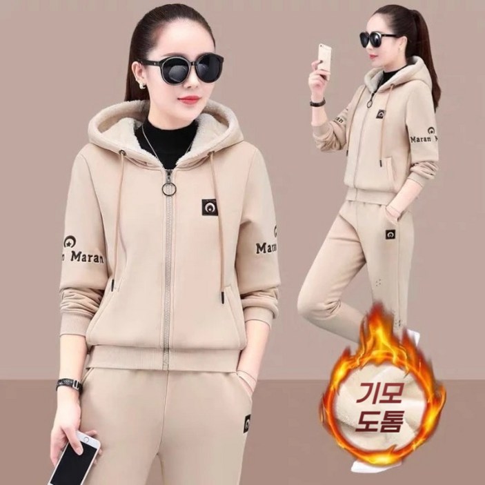 HASVZ New 가을 겨울 중년 여성 여성트레이닝 세트 고품질 기모 보온 후드 빅사이즈 트레이닝복 조거 팬츠 투피스