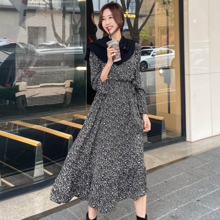 헤링본 롱 가을원피스 긴팔 쉬폰 브이넥 플레어 허리밴딩 루즈핏 빅사이즈 HD022