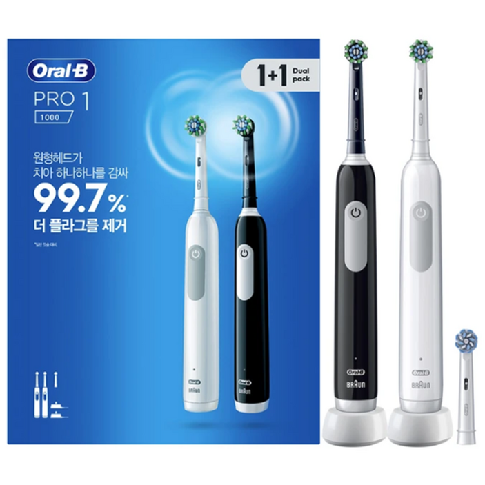오랄비 회전식 전동칫솔 1+1 듀얼 구성 칫솔모 선물세트, 1개, pro 1 dual pack