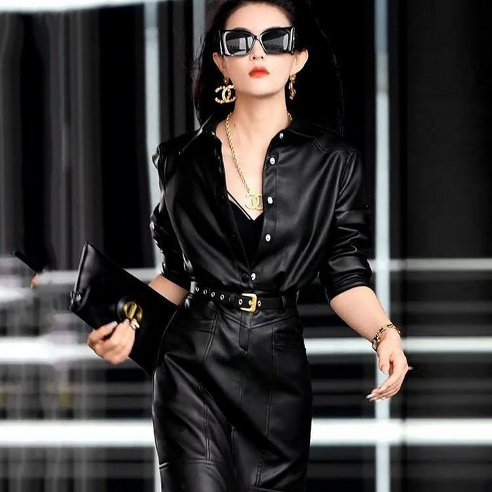 봄 가을 여성 미니 가죽 원피스 여성 고급스러운 긴소매 셔츠 스타일 PU 가죽 원피스 LT