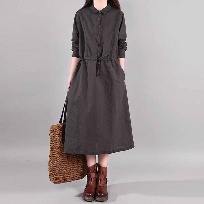 AOKADA 여성 봄 가을 허리 쪼임 카라 긴팔 A라인 원피스