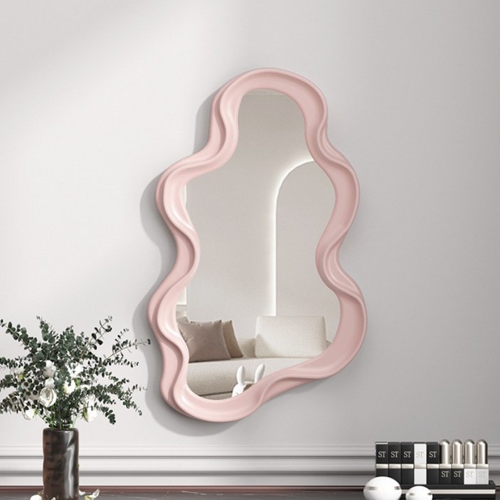 led화장거울 홈메이드 비정형 웨이브 화장대 거울 인테리어 거치 탁상 벽걸이 까페 욕실 거울, A-핑크