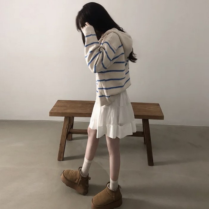 예쁨시전 오버핏 캐주얼 스트라이프 긴팔 니트 후드 집업 가디건