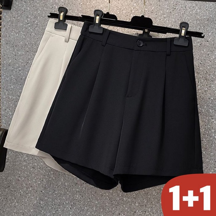 다리 길어보이는 100kg까지 11 빅사이즈 여성 허리밴딩 버튼 하이웨이스트 정장 와이드 반바지 여름 슬렉스 부드러운 쿨링 드레이프 큰옷 실내복 모던 베이직 블랙 심플 숏팬츠