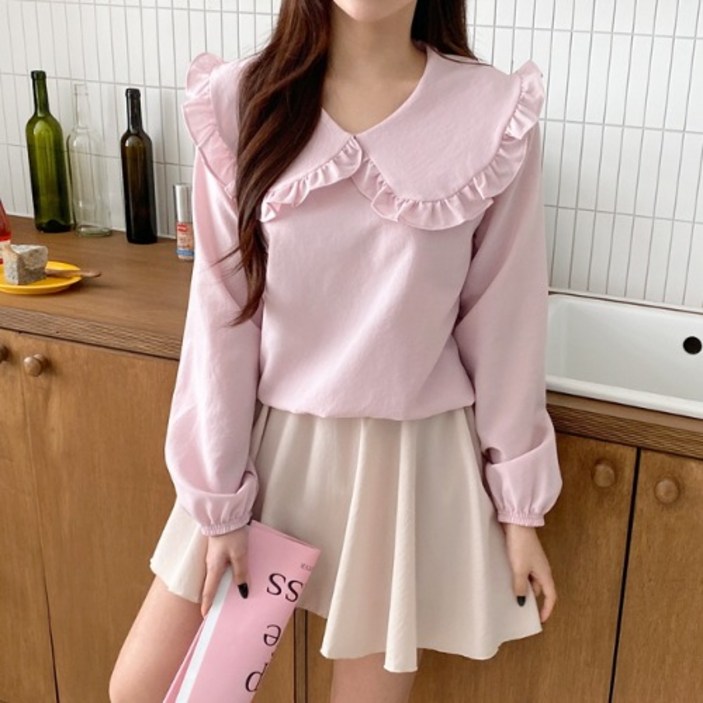 간절기 여성 맨투맨 프릴카라 무지 피크닉 티셔츠 네이비 스카이 아이보리 옐로우 핑크 간절기 여성 맨투맨 프릴카라 무지 피크닉 티셔츠 네이비 스카이 아이보리 옐로우 핑크