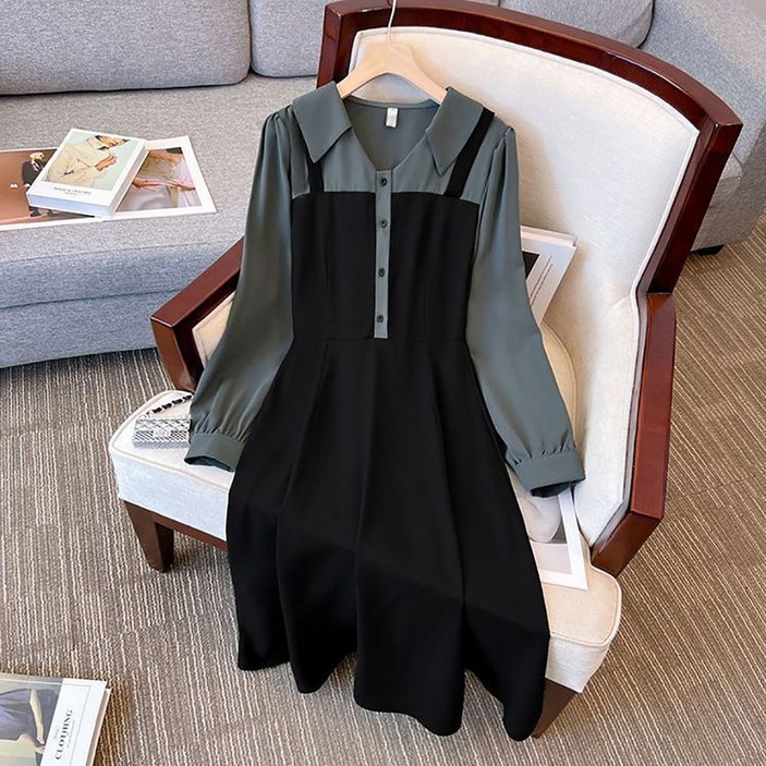 지고다그 여성 가을 간절기 배색 투인원 롱 원피스 카라티 버튼 디자인 플레어 드레스 LJM1786