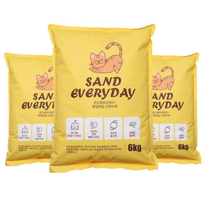 샌드에브리데이 먼지없는 응고형 벤토나이트 고양이모래 6kg, 3개, 6L, 무향