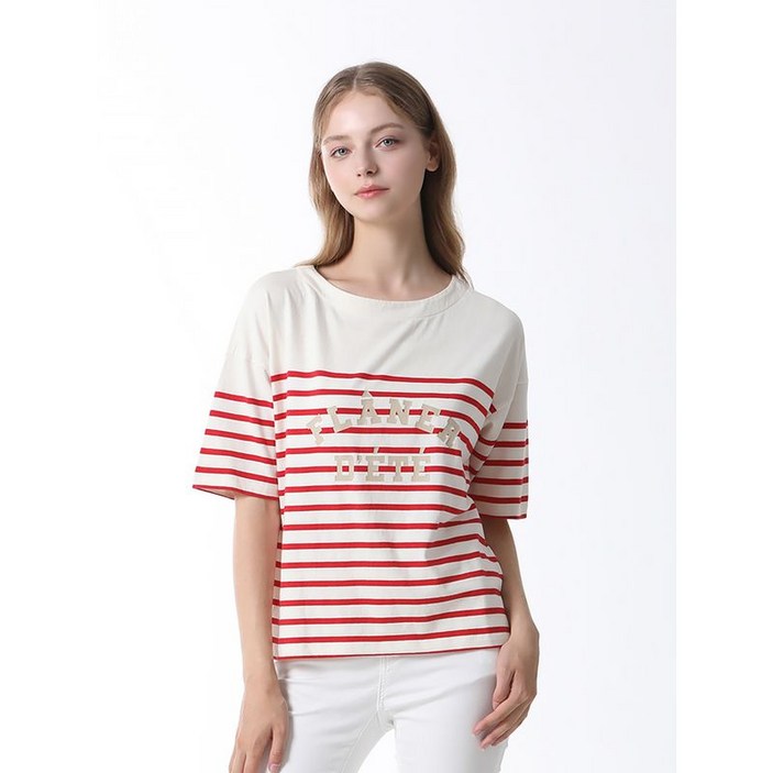 리스트 코튼 레터링 스트라이프 티셔츠