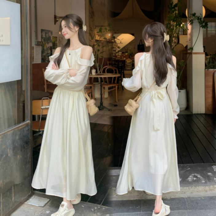 Asure 여성원피스 홀터넥 오프숄더 원피스 긴팔 롱원피스