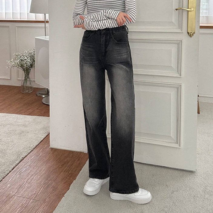 오버나인 여자 여성 반밴드 데님 편한 와이드 청바지