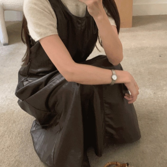 루어스룸 가을 리노 유넥 가죽 레더 봄 루즈핏 절개 레이어드 롱원피스(2color)