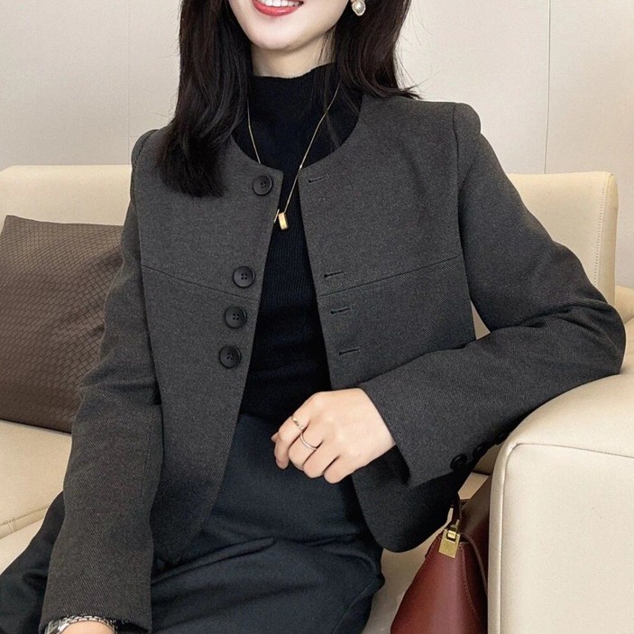 여성용 숏 노카라 모직 자켓 오피스 슬림 하프 코트 봄가을 라운드넥 버튼 캐주얼 베이직 숏 아우터