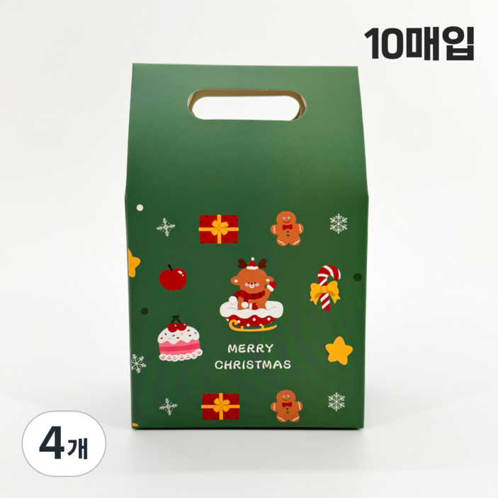 정담 타공 손잡이 크리스마스 일러스트 선물 포장 상자, 4개, 2. 그린