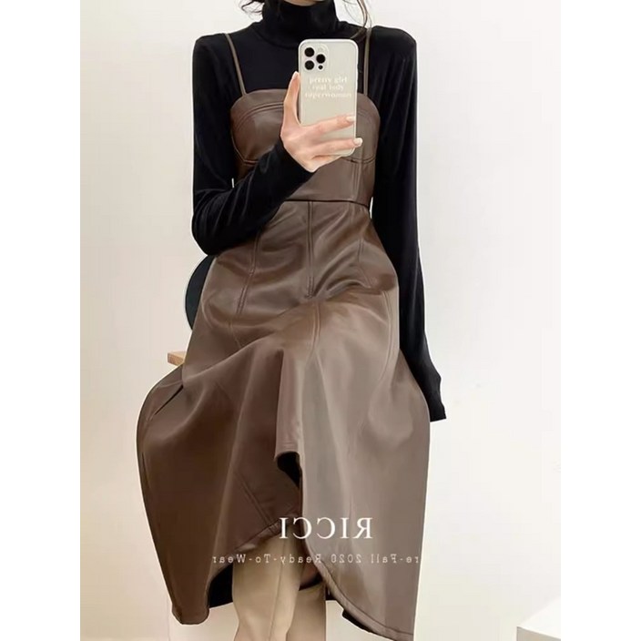 뷔스티에 가죽 원피스 끈나시 나시원피스 스커트 미디 롱 PU 인조가죽 A라인