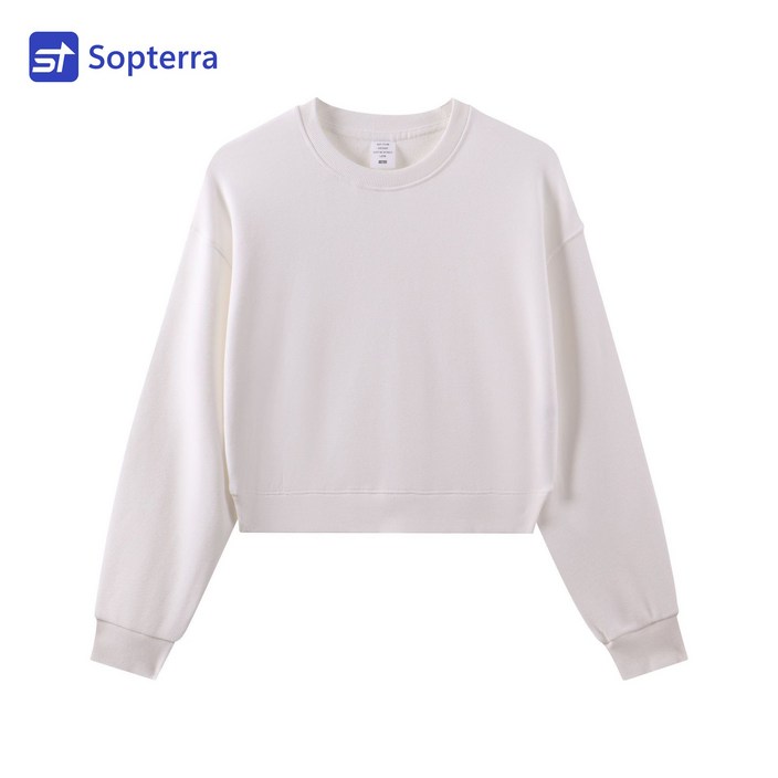 Sopterra 여성 오버핏 크롭 무지 맨투맨 면질 긴팔 티셔츠