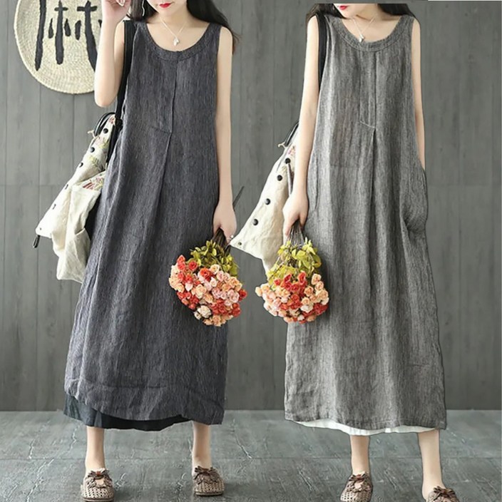 여성 빅사이즈 스트라이프 린넨 롱 원피스 라운드넥 민소매 면마 맥시 나시 원피스