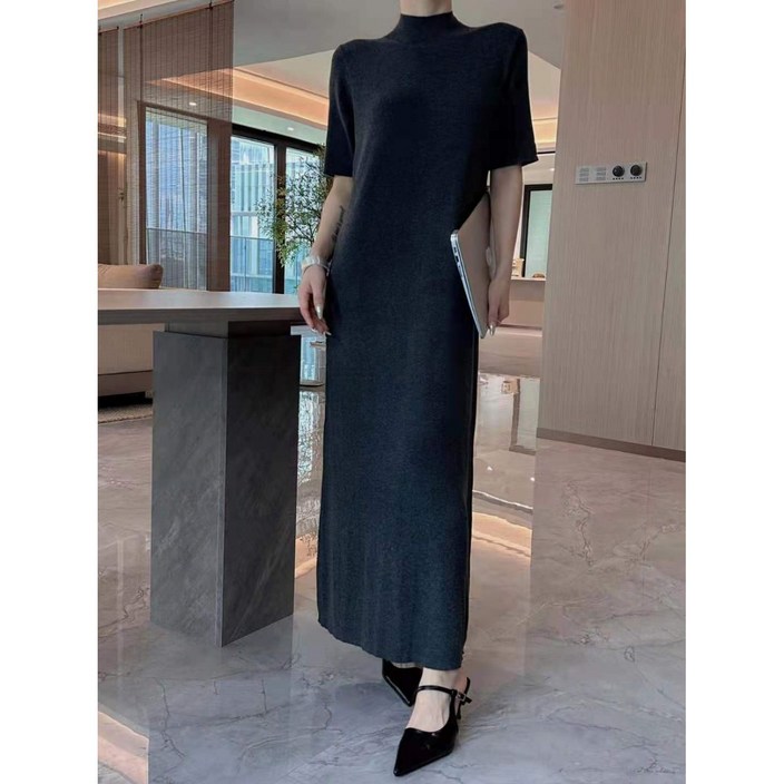 루어스룸 모건 반목 반폴라 반팔 니트 맥시 롱 하객룩 원피스