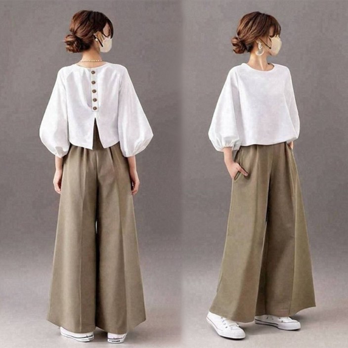 심플 여성 캐주얼 셋업 봄여름 퍼프소매 단추 블라우스 와이드 팬츠 투피스 정장슈트
