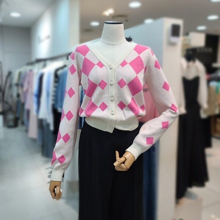 잇미샤 잇미샤  V넥 체커보드 패턴 가디건(ITO9KCD100)_DG