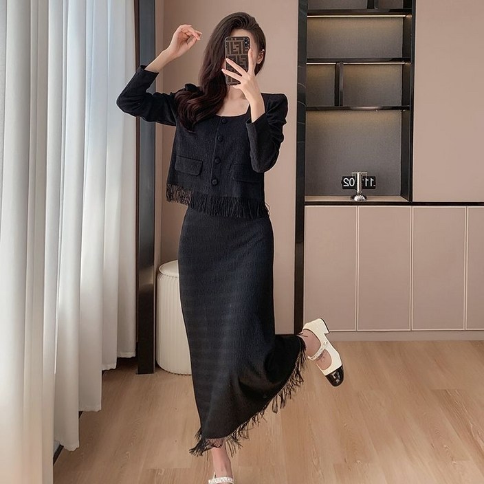 COSYEVNO 가을철 여성 세트 니트롱스커트 캐주얼 루즈핏 기질 단색 패션 A라인 스커트 투피스