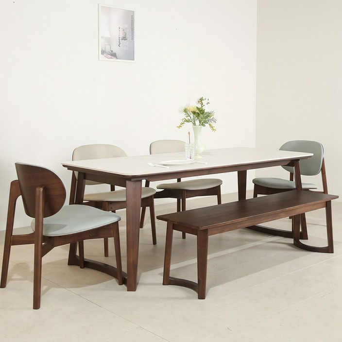 에런 아시아 월넛 원목 세라믹 포세린 4인용 6인용 식탁세트, 일반 3 + 벤치 1, 월넛