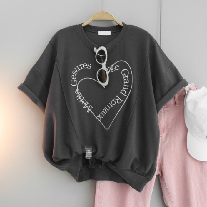 달콩 여성 빅사이즈 여름티 캐주얼 루즈핏 투하트자수반팔맨투맨