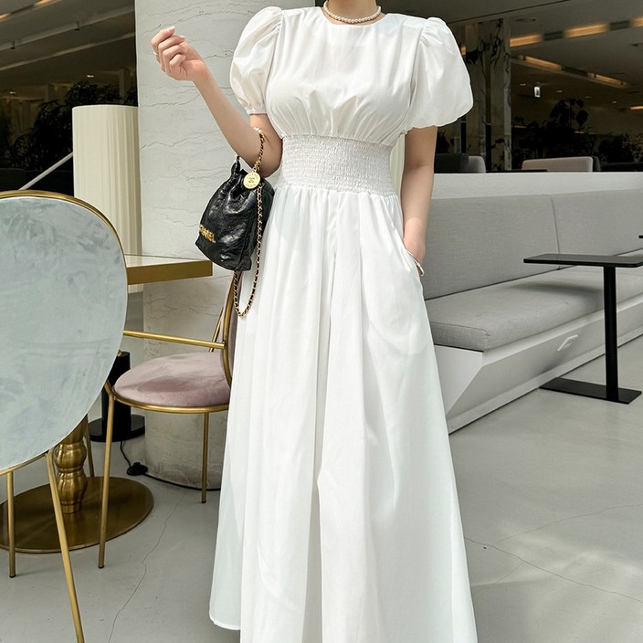 [파인스토리]스모크원피스 라운드넥 셔링 퍼프 소매 스모크 밴딩 포켓 우아한 롱 원피스