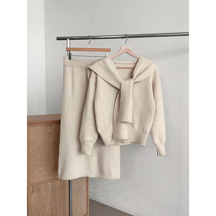 여성 숄 스카프 니트&롱스커트 세트