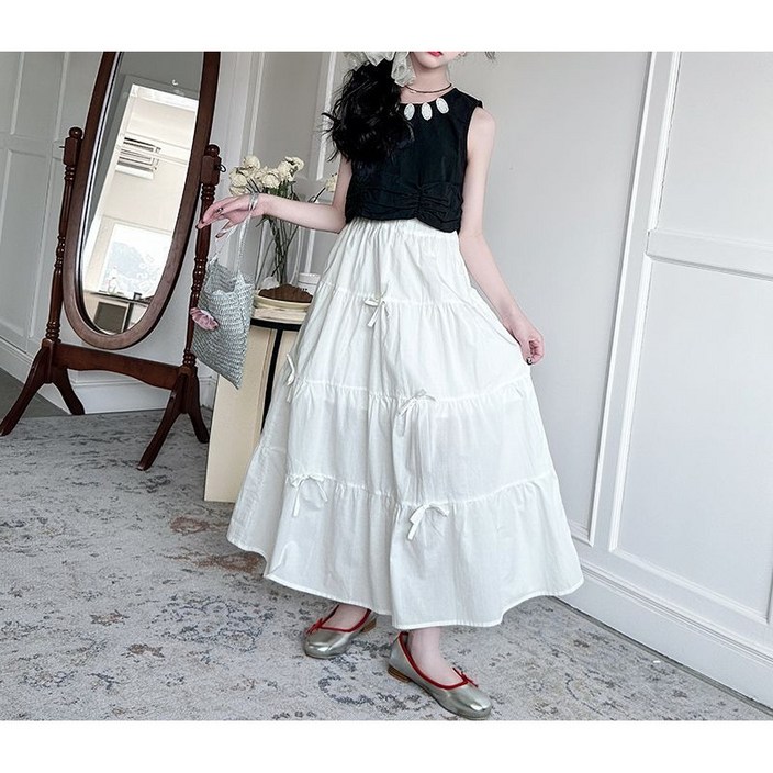 해피유통어린이 여아 패션 무소매 상의와 레이어드 긴 스커트 우아한 귀여운 스타일14세 이상 XG03