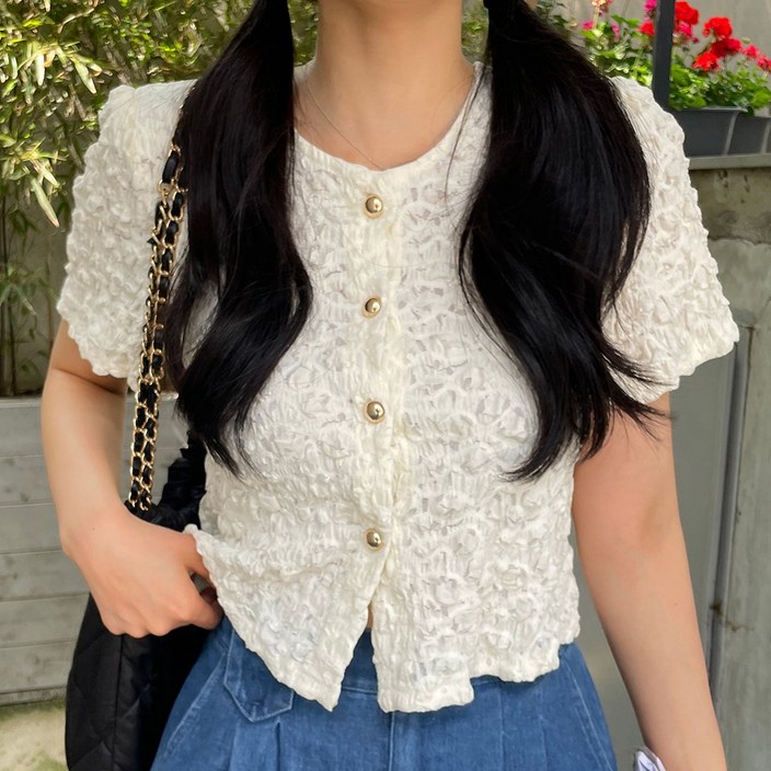 디아미뇽 제스 파스텔 퍼프 크롭 반팔 블라우스 자켓