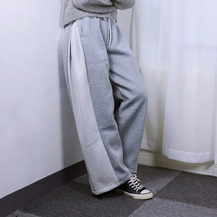 윈터무드 퓨리 배색 와이드 기모 트레이닝팬츠 겨울 밴딩 여성 조거 스트링 바지