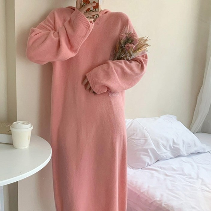 OSON 루즈핏 후드 니트 롱 원피스 간절기 여성 체형커버 봄 가을 얇은 니트 꾸안꾸 데일리룩