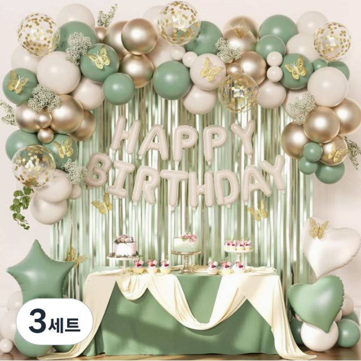 모아룸 풍선 파티 생일 이벤트 장식 풍선구름 세트, 3세트, 그린골드 풍선 세트