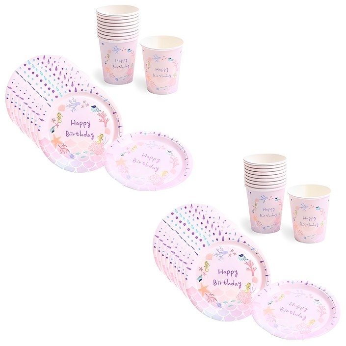 파티해 생일 파티접시 18cm 20p  파티컵 20p 세트 인어공주