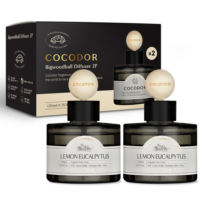 코코도르 프리미엄 빅우드볼 차량용 디퓨저 130ml 2개입, 레몬유칼립투스, 1세트