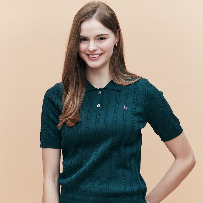 헤지스 여성용 짜임 면혼방 5부 소매카라 니트