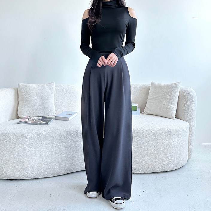 잘빠진 여성용 롱숏 2단기장 이즈 핀턱 밴딩 와이드 스판슬랙스