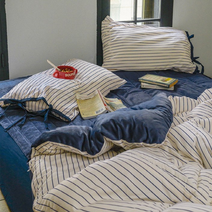 믹스앤매치 에센셜 스트라이프 극세사 차렵이불  리본 베개커버 세트