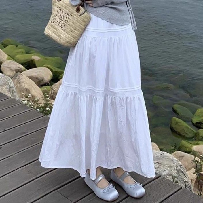 구디프 여성용 화이트 A라인 플레어 롱 스커트