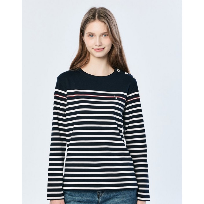 헤지스 여성용 버튼장식 스트라이프 긴팔 티셔츠