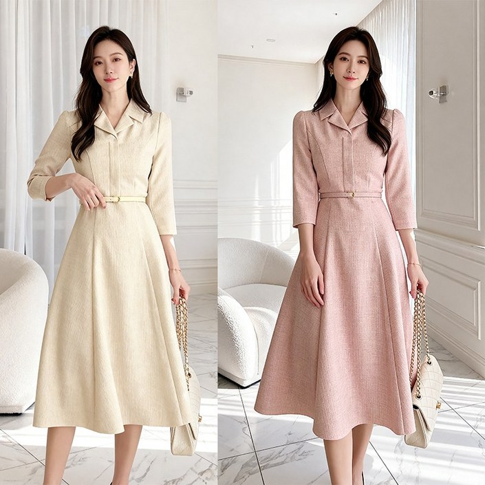 비비디아  여성 원피스 고급원단 슬림핏 하객룩 오피스룩 정장 A라인 롱치마 벨트포함  S2XL 5599